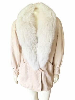 Vintage J Percy for Marvin Richards Leather Fur Collar Jacket Women XS Cream USA
